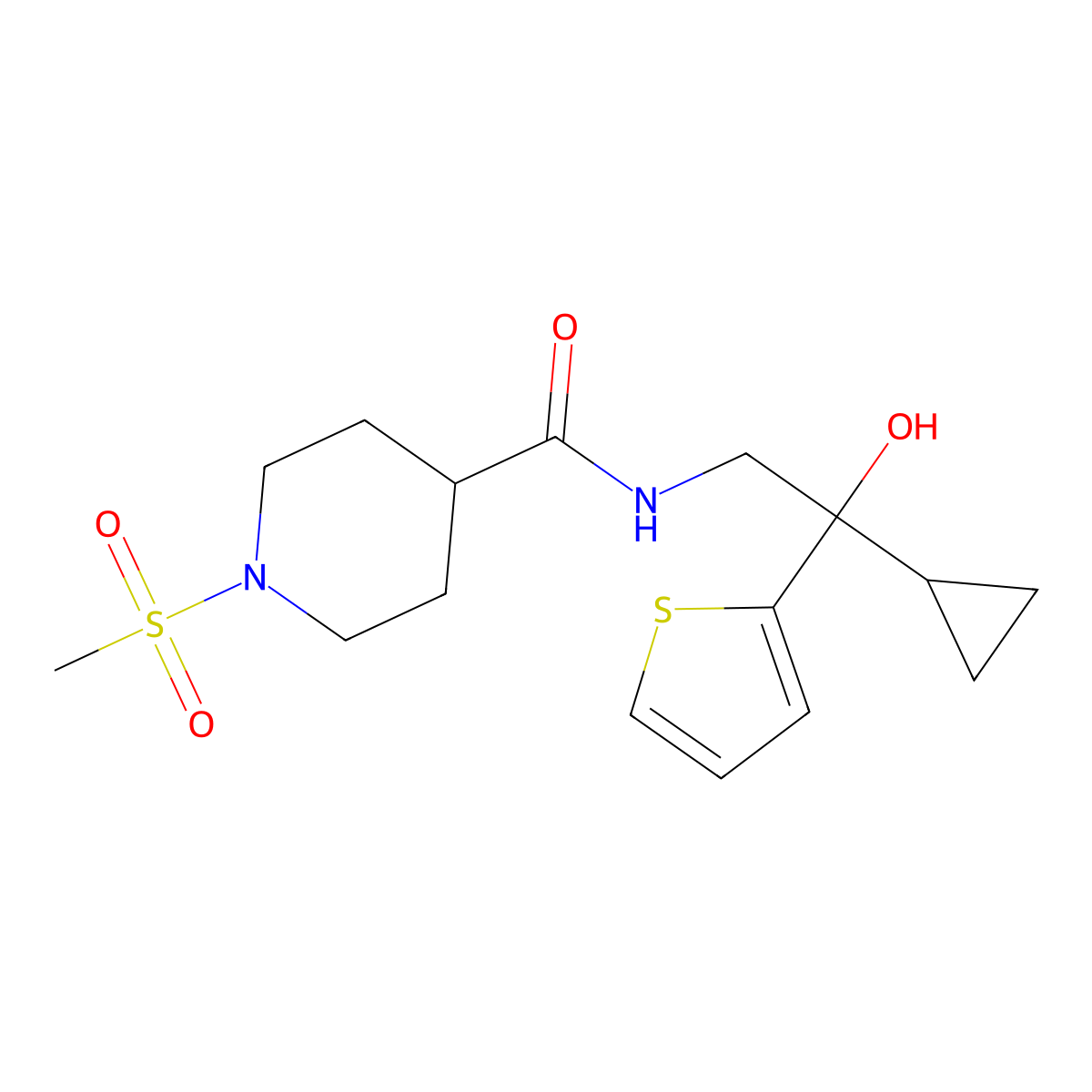 N-(2-cyclopropyl-2-hydroxy-2-(thiophen-2-yl)ethyl)-1-(methylsulfonyl)piperidine-4-carboxamide molecular structure, CAS 1798620-66-2