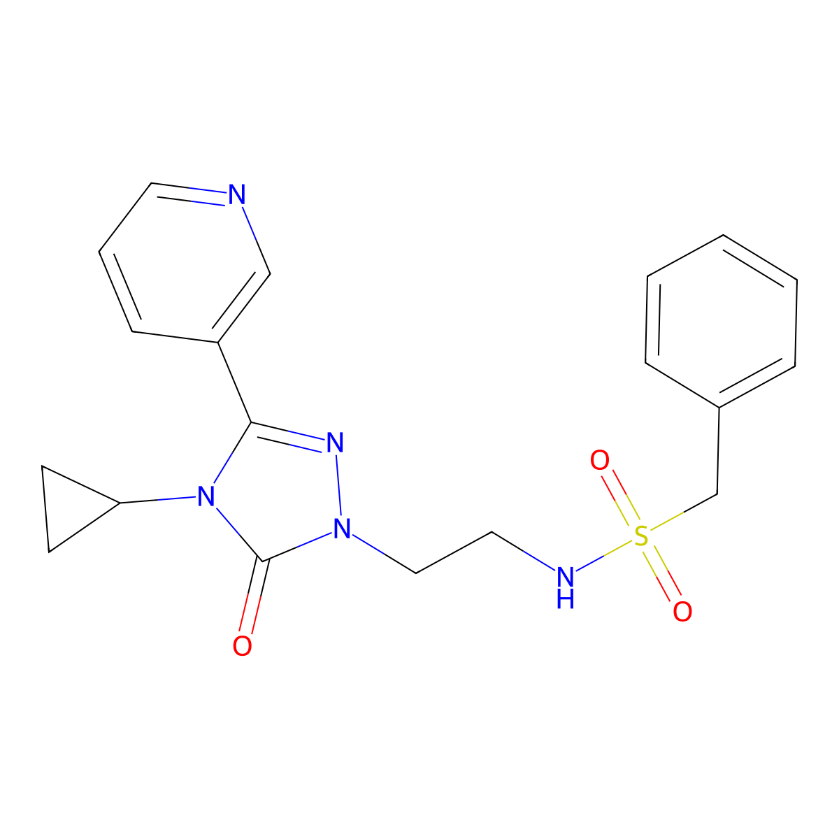 N-{2-[4-cyclopropyl-5-oxo-3-(pyridin-3-yl)-4,5-dihydro-1H-1,2,4-triazol-1-yl]ethyl}-1-phenylmethanesulfonamide molecular structure, CAS 1798622-42-0