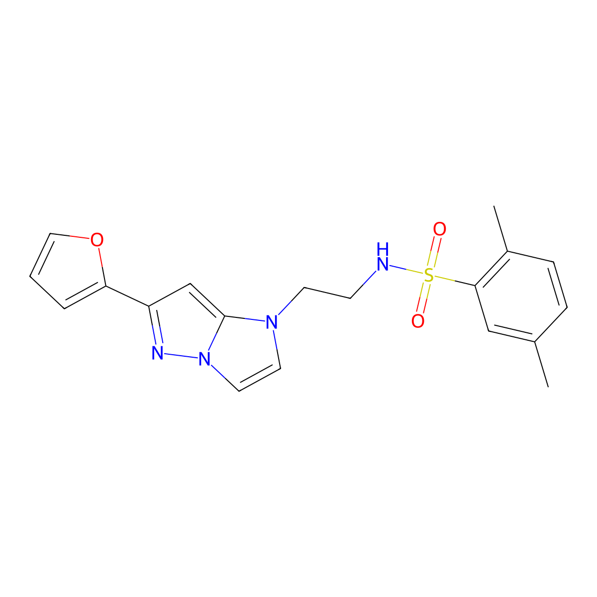 N-(2-(6-(furan-2-yl)-1H-imidazo[1,2-b]pyrazol-1-yl)ethyl)-2,5-dimethylbenzenesulfonamide molecular structure, CAS 1798623-18-3