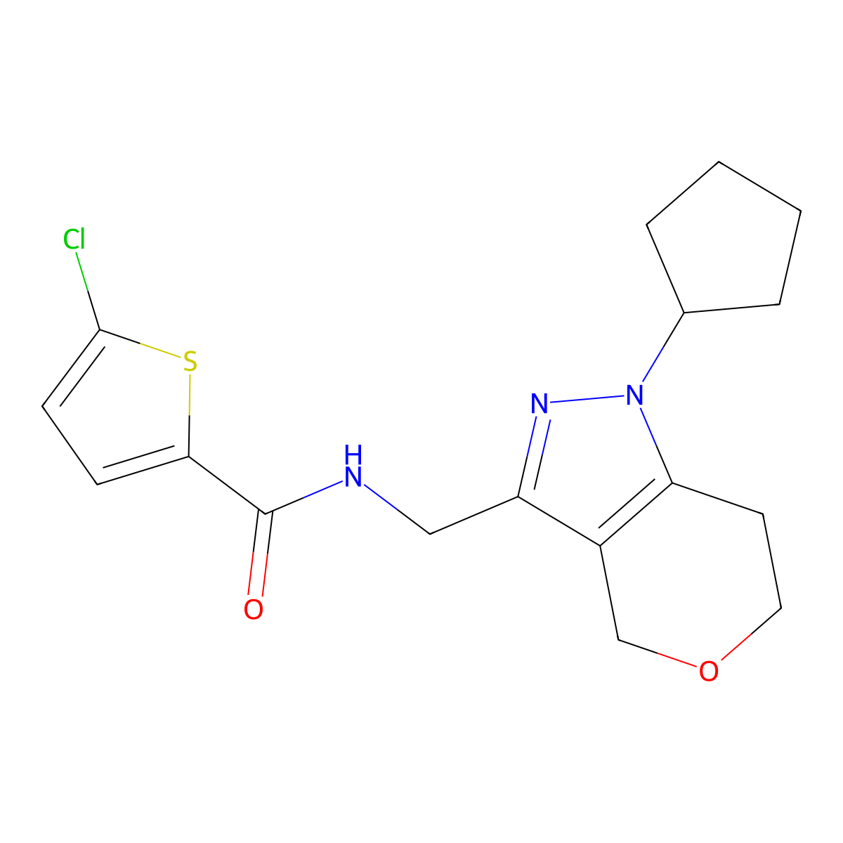 5-chloro-N-((1-cyclopentyl-1,4,6,7-tetrahydropyrano[4,3-c]pyrazol-3-yl)methyl)thiophene-2-carboxamide molecular structure, CAS 1798623-24-1
