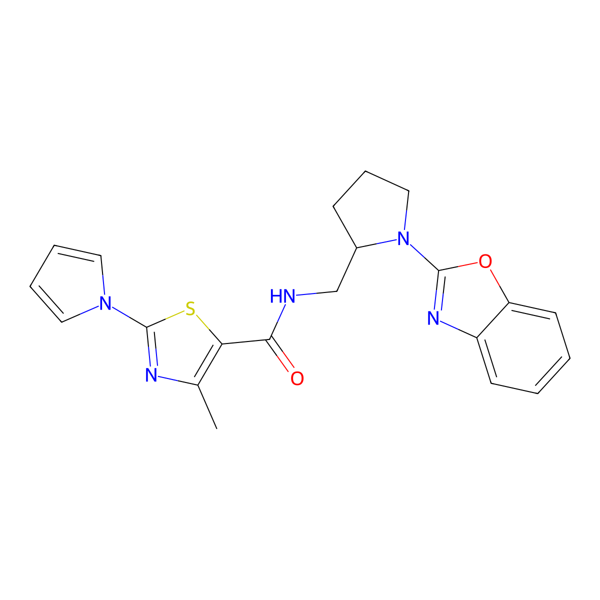 N-((1-(benzo[d]oxazol-2-yl)pyrrolidin-2-yl)methyl)-4-methyl-2-(1H-pyrrol-1-yl)thiazole-5-carboxamide molecular structure, CAS 1798623-87-6