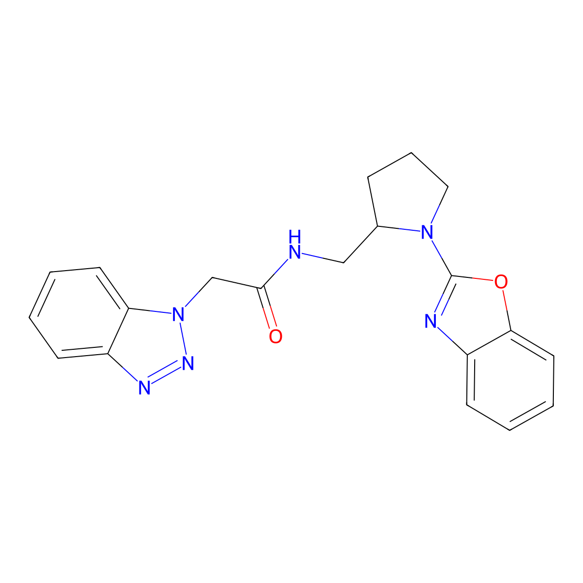 2-(1H-benzo[d][1,2,3]triazol-1-yl)-N-((1-(benzo[d]oxazol-2-yl)pyrrolidin-2-yl)methyl)acetamide molecular structure, CAS 1798623-93-4