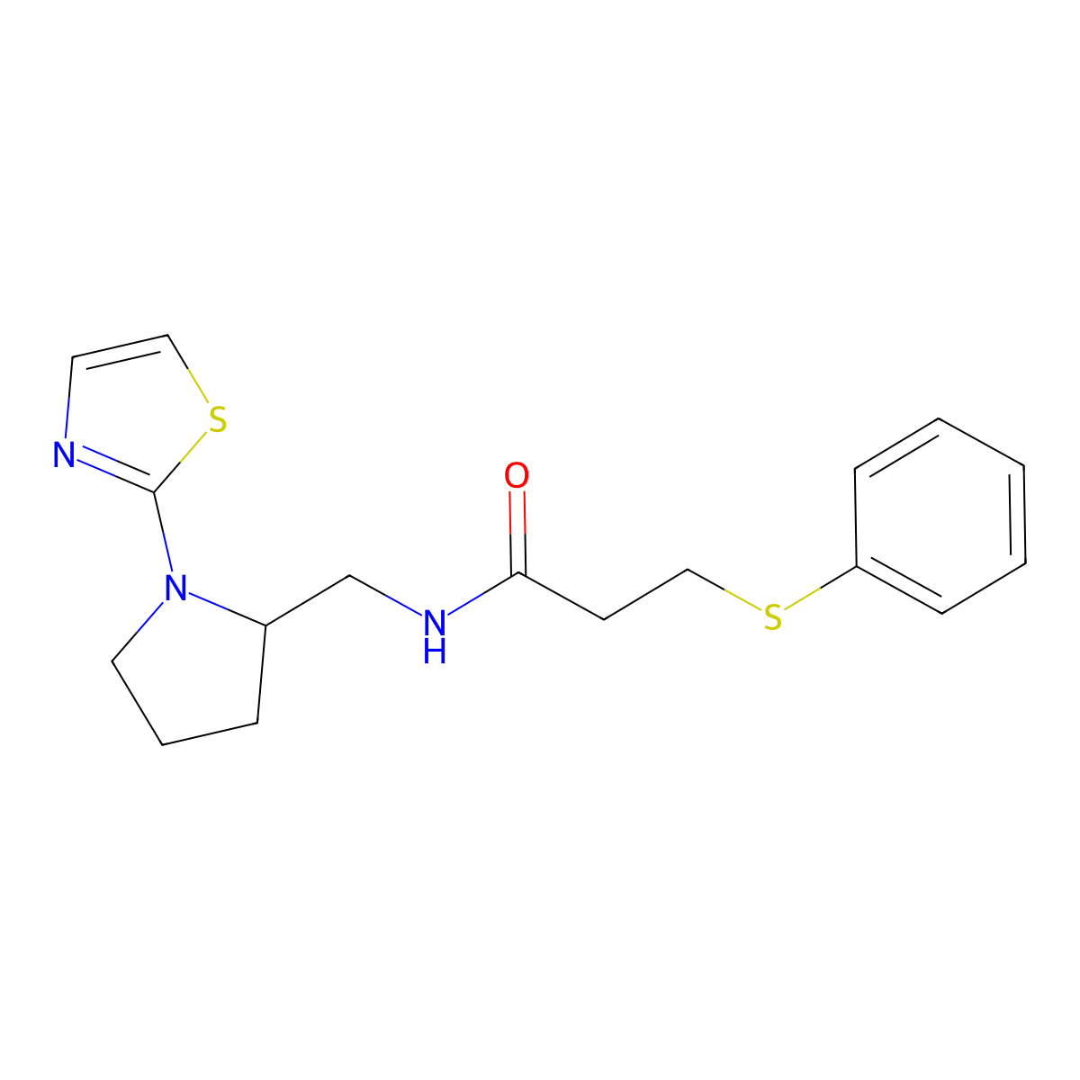 3-(phenylthio)-N-((1-(thiazol-2-yl)pyrrolidin-2-yl)methyl)propanamide molecular structure, CAS 1798624-04-0