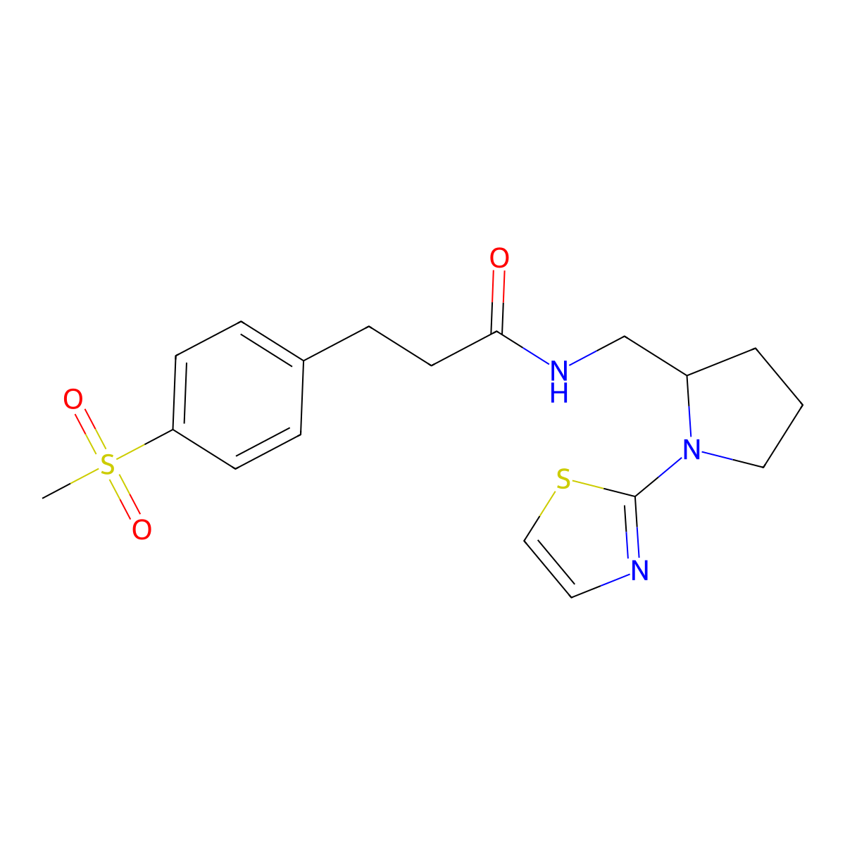 3-(4-(methylsulfonyl)phenyl)-N-((1-(thiazol-2-yl)pyrrolidin-2-yl)methyl)propanamide molecular structure, CAS 1798624-11-9