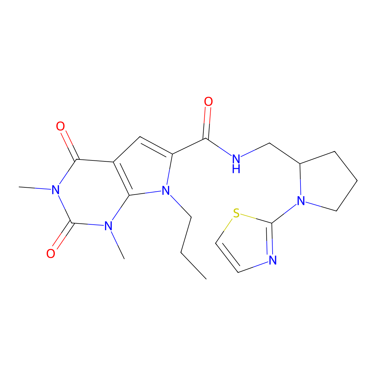 1,3-dimethyl-2,4-dioxo-7-propyl-N-((1-(thiazol-2-yl)pyrrolidin-2-yl)methyl)-2,3,4,7-tetrahydro-1H-pyrrolo[2,3-d]pyrimidine-6-carboxamide molecular structure, CAS 1798624-17-5