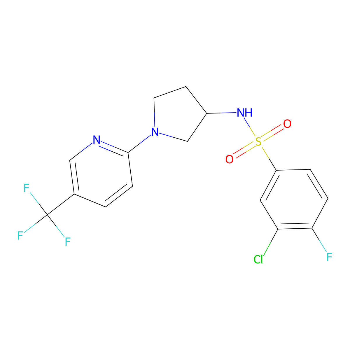 3-chloro-4-fluoro-N-(1-(5-(trifluoromethyl)pyridin-2-yl)pyrrolidin-3-yl)benzenesulfonamide molecular structure, CAS 1798624-35-7