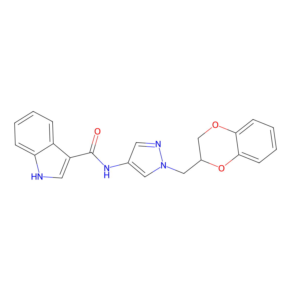 N-(1-((2,3-dihydrobenzo[b][1,4]dioxin-2-yl)methyl)-1H-pyrazol-4-yl)-1H-indole-3-carboxamide molecular structure, CAS 1798625-38-3
