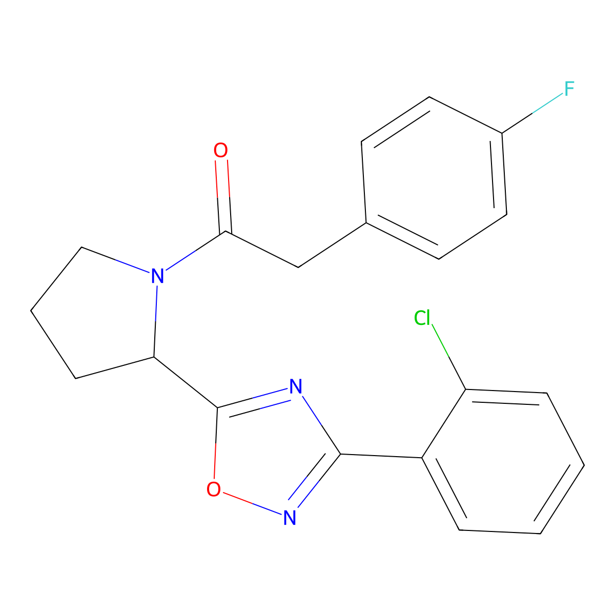 3-(2-Chlorophenyl)-5-{1-[(4-fluorophenyl)acetyl]pyrrolidin-2-yl}-1,2,4-oxadiazole molecular structure, CAS 1798633-66-5