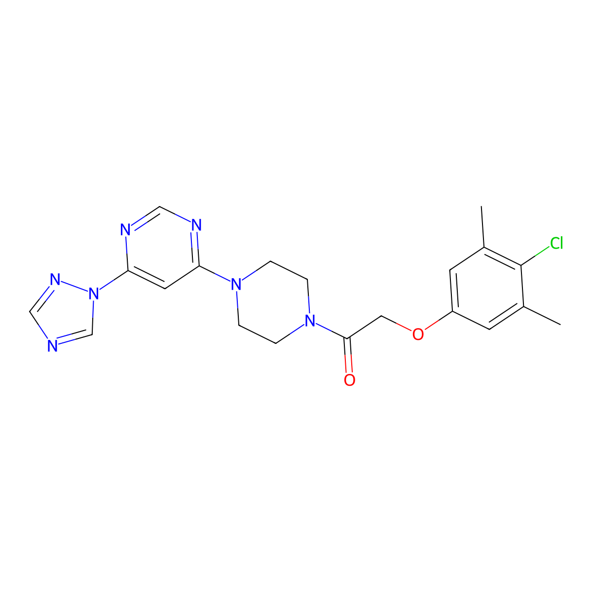 1-(4-(6-(1H-1,2,4-triazol-1-yl)pyrimidin-4-yl)piperazin-1-yl)-2-(4-chloro-3,5-dimethylphenoxy)ethanone molecular structure, CAS 1798637-58-7