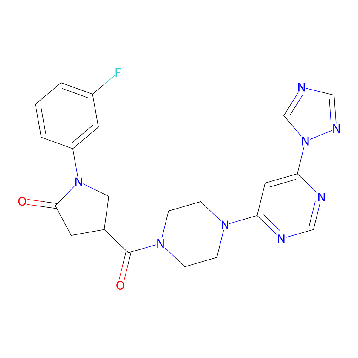 4-(4-(6-(1H-1,2,4-triazol-1-yl)pyrimidin-4-yl)piperazine-1-carbonyl)-1-(3-fluorophenyl)pyrrolidin-2-one molecular structure, CAS 1798637-63-4