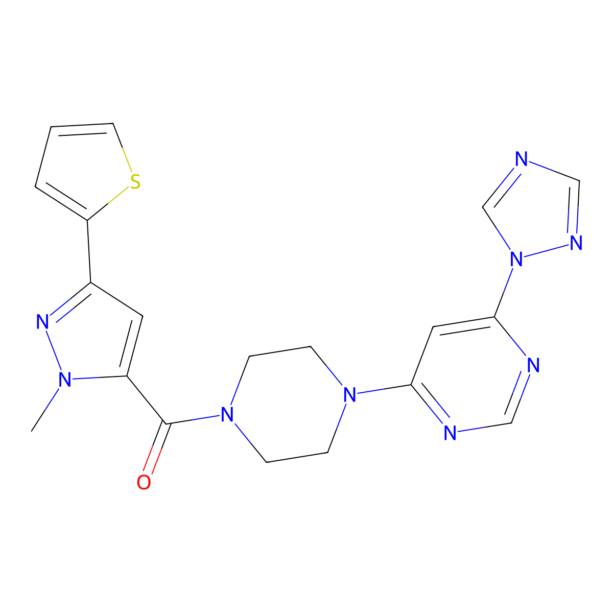 (4-(6-(1H-1,2,4-triazol-1-yl)pyrimidin-4-yl)piperazin-1-yl)(1-methyl-3-(thiophen-2-yl)-1H-pyrazol-5-yl)methanone molecular structure, CAS 1798637-67-8