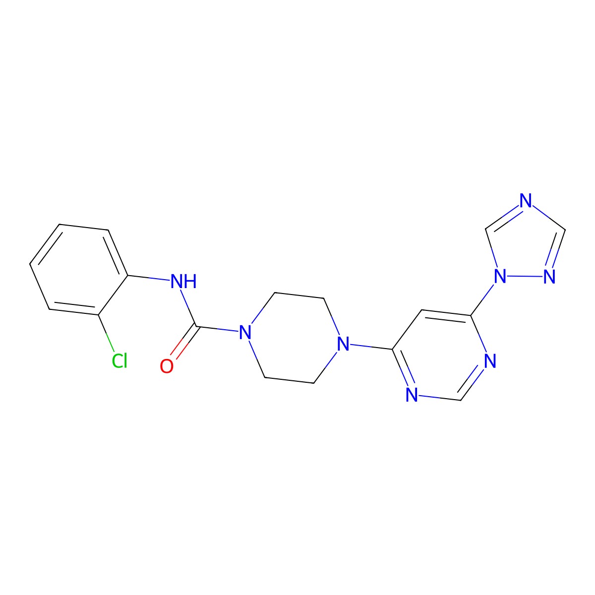 4-(6-(1H-1,2,4-triazol-1-yl)pyrimidin-4-yl)-N-(2-chlorophenyl)piperazine-1-carboxamide molecular structure, CAS 1798637-73-6