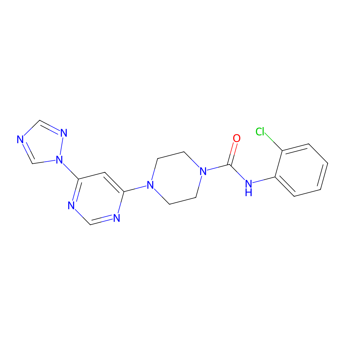 4-(6-(1H-1,2,4-triazol-1-yl)pyrimidin-4-yl)-N-(2-chlorophenyl)piperazine-1-carboxamide molecular structure, CAS 1798637-73-6