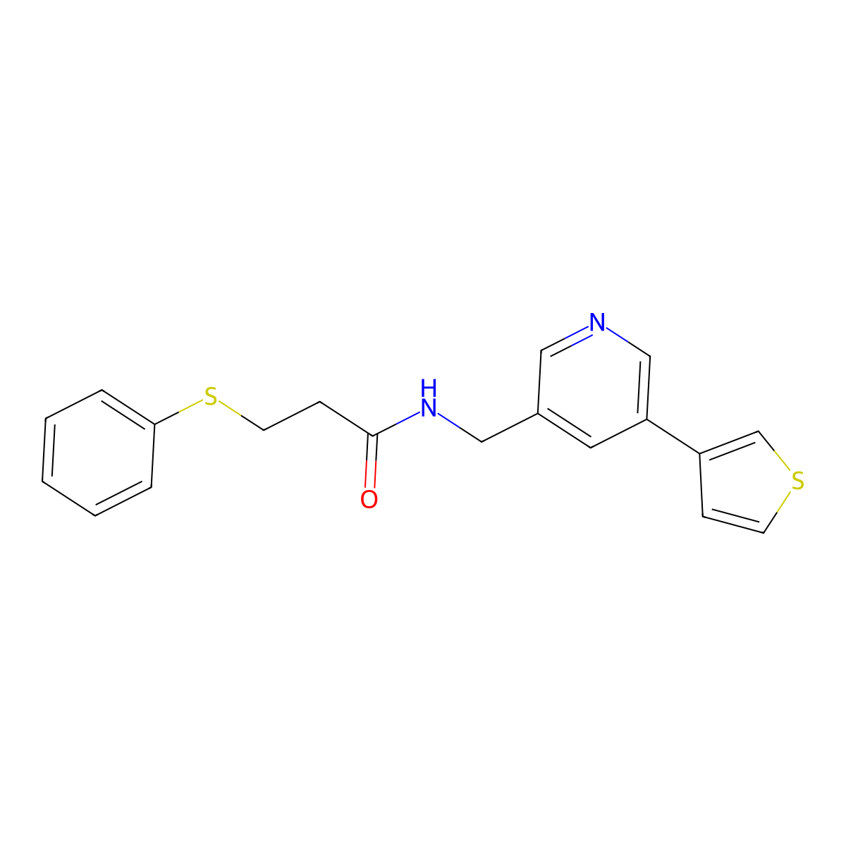 3-(phenylthio)-N-((5-(thiophen-3-yl)pyridin-3-yl)methyl)propanamide molecular structure, CAS 1798638-32-0