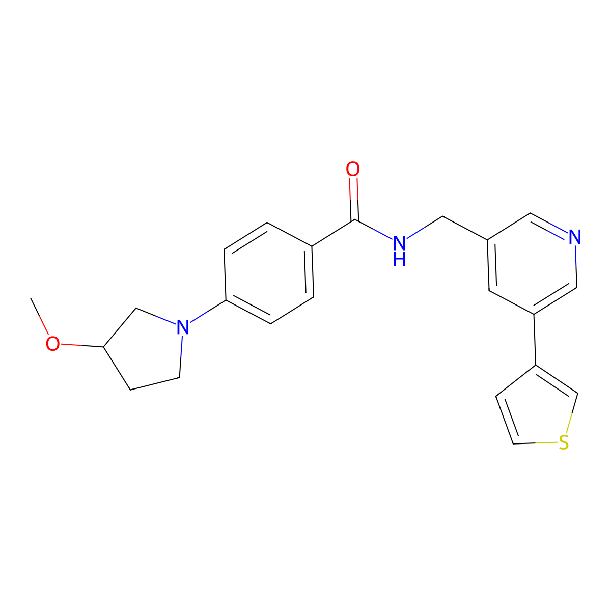 4-(3-methoxypyrrolidin-1-yl)-N-((5-(thiophen-3-yl)pyridin-3-yl)methyl)benzamide molecular structure, CAS 1798638-51-3