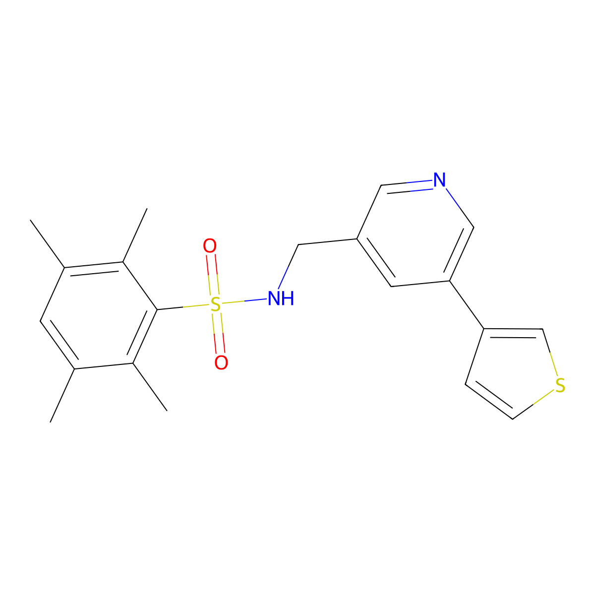 2,3,5,6-tetramethyl-N-((5-(thiophen-3-yl)pyridin-3-yl)methyl)benzenesulfonamide molecular structure, CAS 1798638-69-3