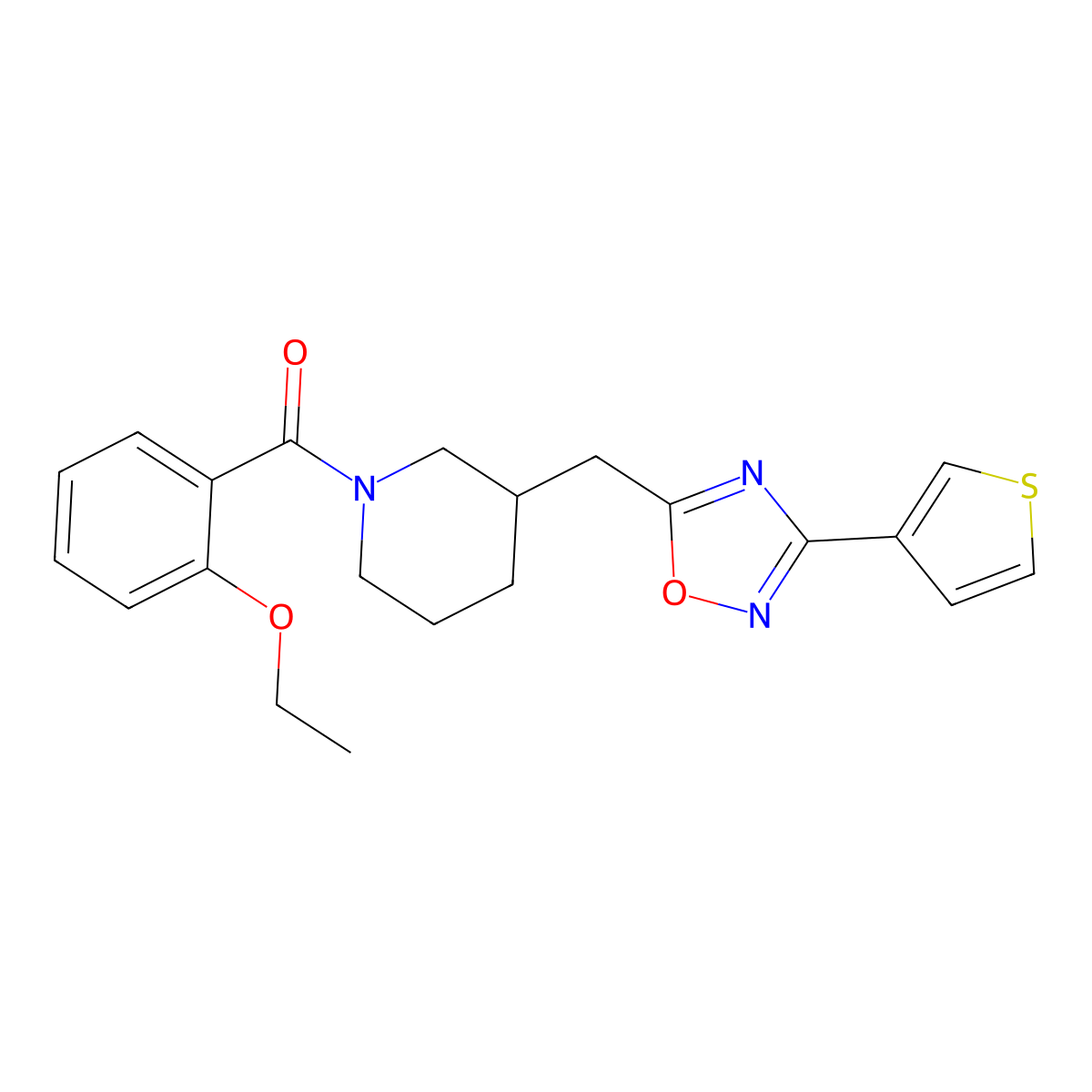 (2-Ethoxyphenyl)(3-((3-(thiophen-3-yl)-1,2,4-oxadiazol-5-yl)methyl)piperidin-1-yl)methanone molecular structure, CAS 1798638-97-7