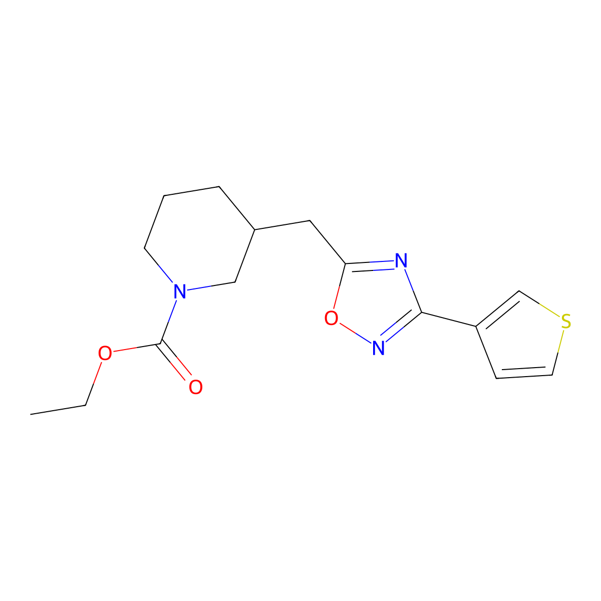 Ethyl 3-((3-(thiophen-3-yl)-1,2,4-oxadiazol-5-yl)methyl)piperidine-1-carboxylate molecular structure, CAS 1798639-07-2