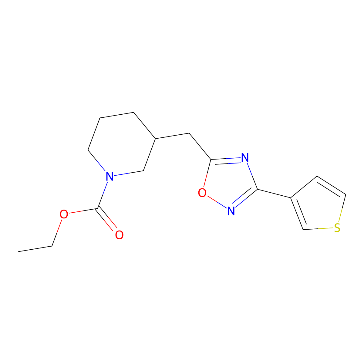 Ethyl 3-((3-(thiophen-3-yl)-1,2,4-oxadiazol-5-yl)methyl)piperidine-1-carboxylate molecular structure, CAS 1798639-07-2