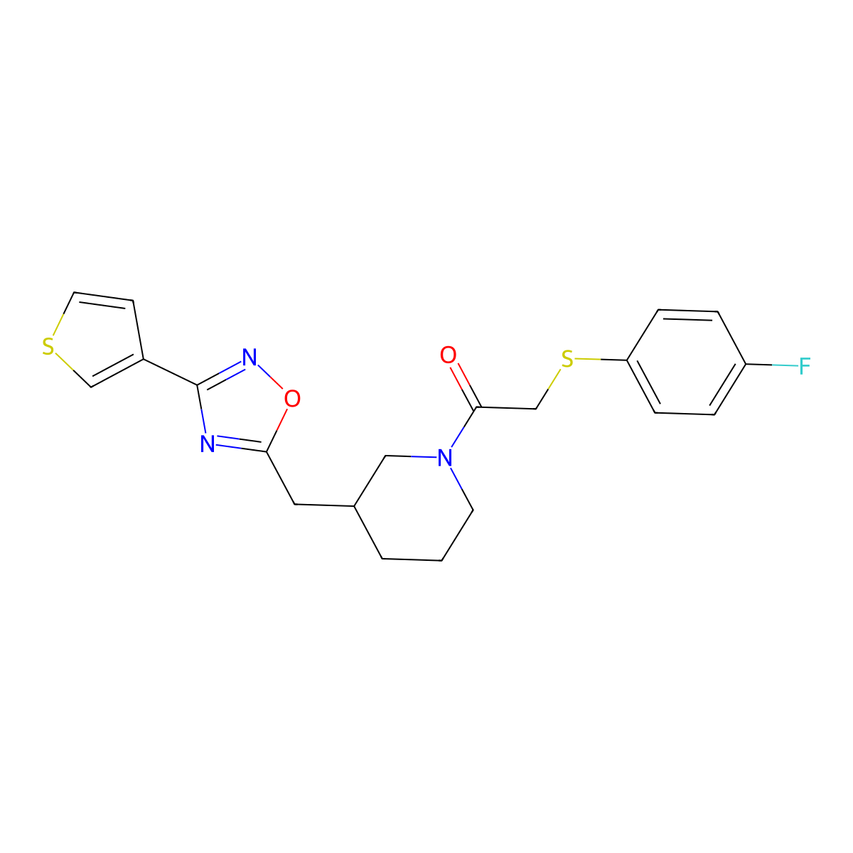 2-((4-Fluorophenyl)thio)-1-(3-((3-(thiophen-3-yl)-1,2,4-oxadiazol-5-yl)methyl)piperidin-1-yl)ethanone molecular structure, CAS 1798639-13-0