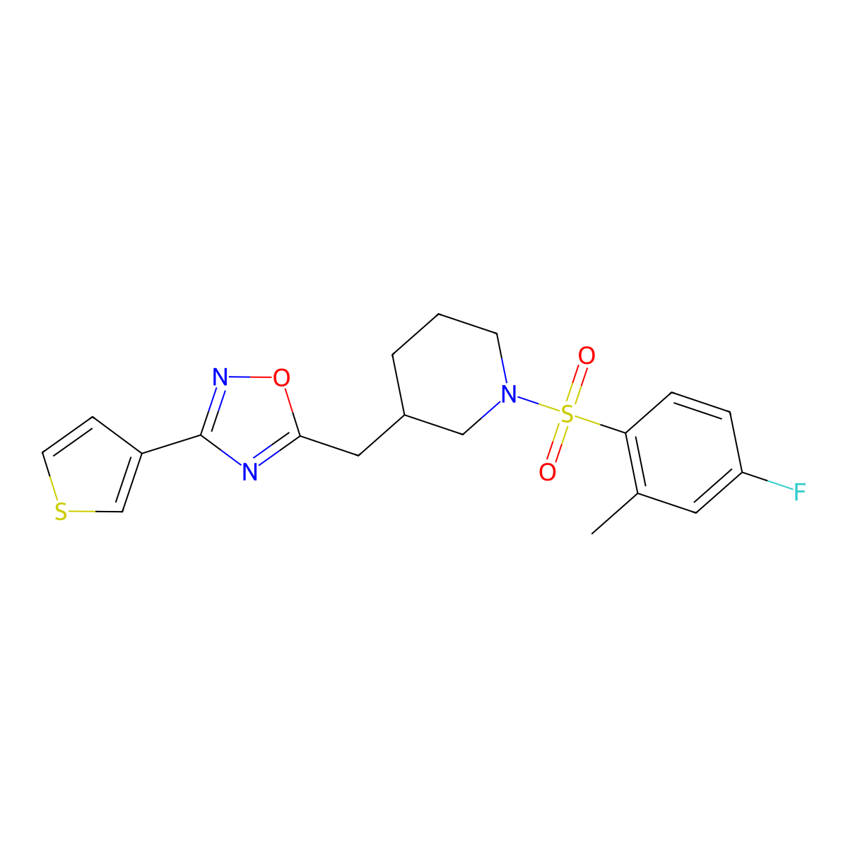 5-((1-((4-Fluoro-2-methylphenyl)sulfonyl)piperidin-3-yl)methyl)-3-(thiophen-3-yl)-1,2,4-oxadiazole molecular structure, CAS 1798639-21-0