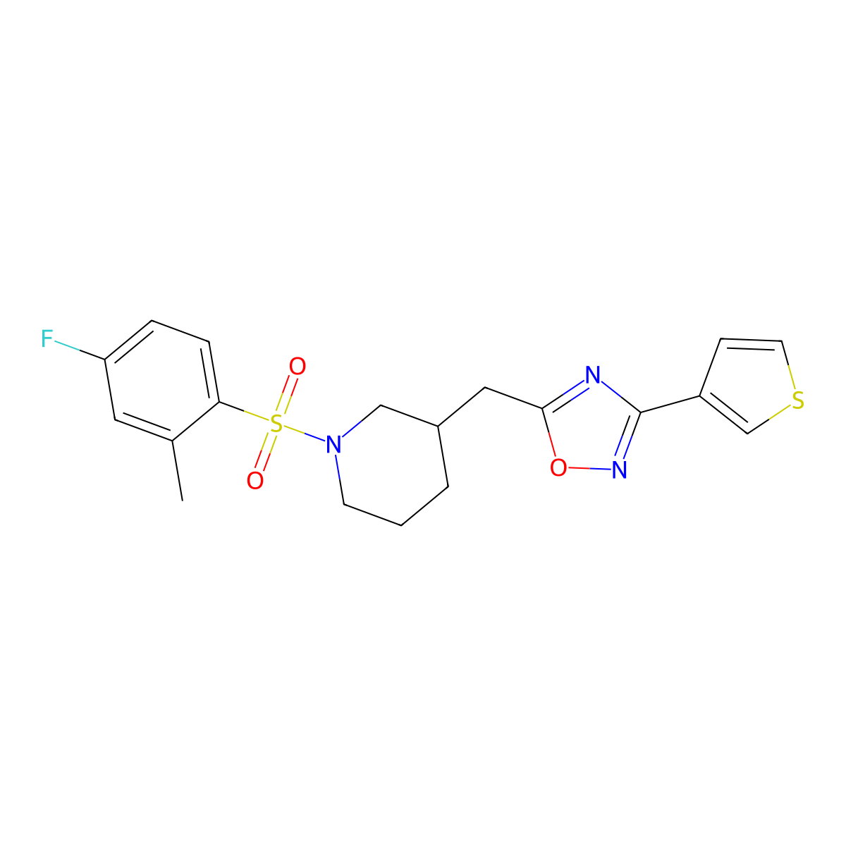 5-((1-((4-Fluoro-2-methylphenyl)sulfonyl)piperidin-3-yl)methyl)-3-(thiophen-3-yl)-1,2,4-oxadiazole molecular structure, CAS 1798639-21-0