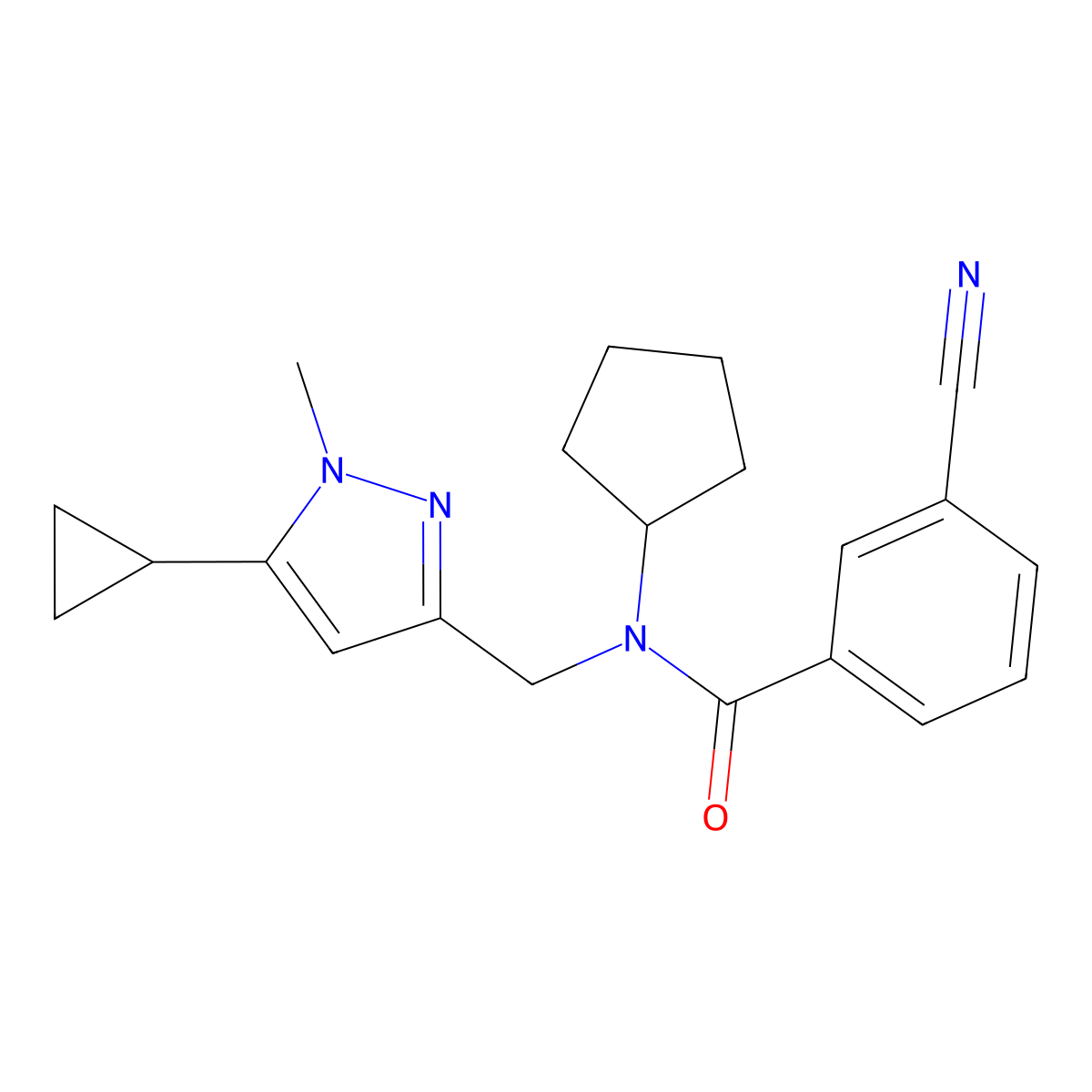 3-cyano-N-cyclopentyl-N-[(5-cyclopropyl-1-methyl-1H-pyrazol-3-yl)methyl]benzamide molecular structure, CAS 1798639-28-7
