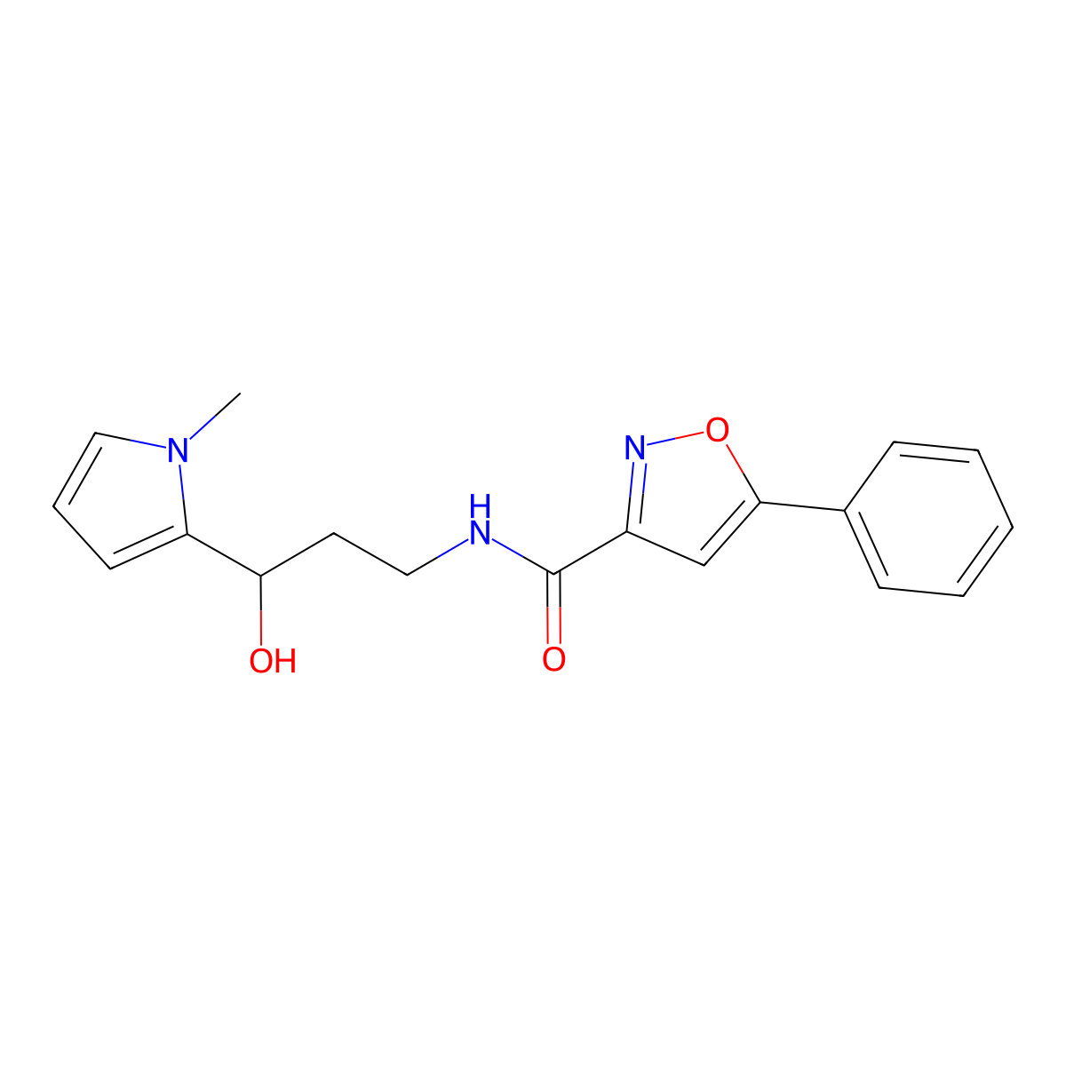 N-(3-hydroxy-3-(1-methyl-1H-pyrrol-2-yl)propyl)-5-phenylisoxazole-3-carboxamide molecular structure, CAS 1798639-45-8