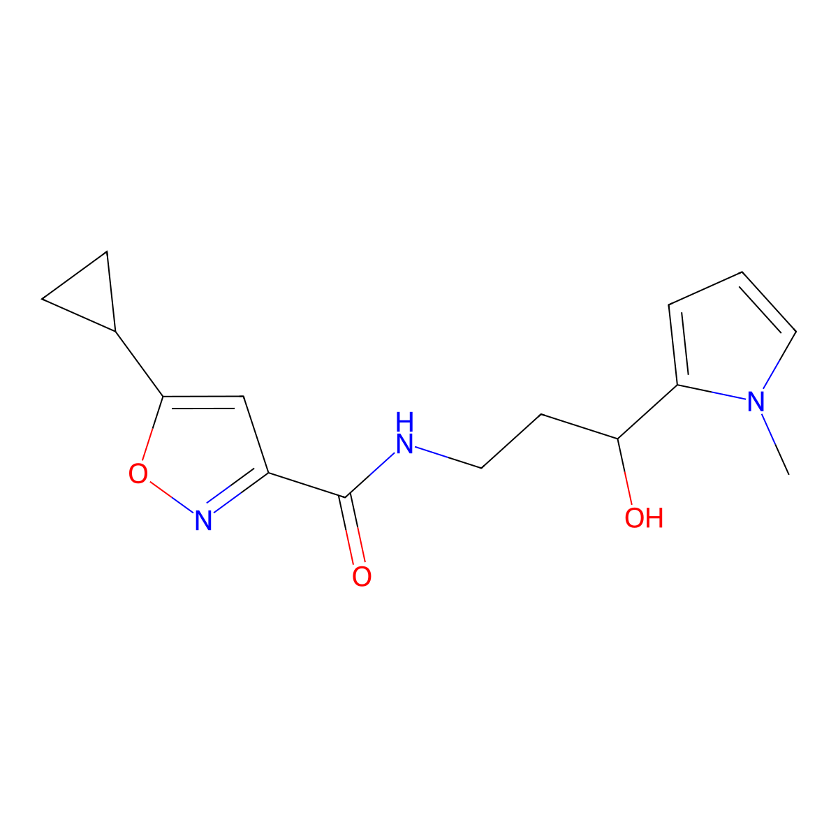 5-cyclopropyl-N-(3-hydroxy-3-(1-methyl-1H-pyrrol-2-yl)propyl)isoxazole-3-carboxamide molecular structure, CAS 1798639-50-5