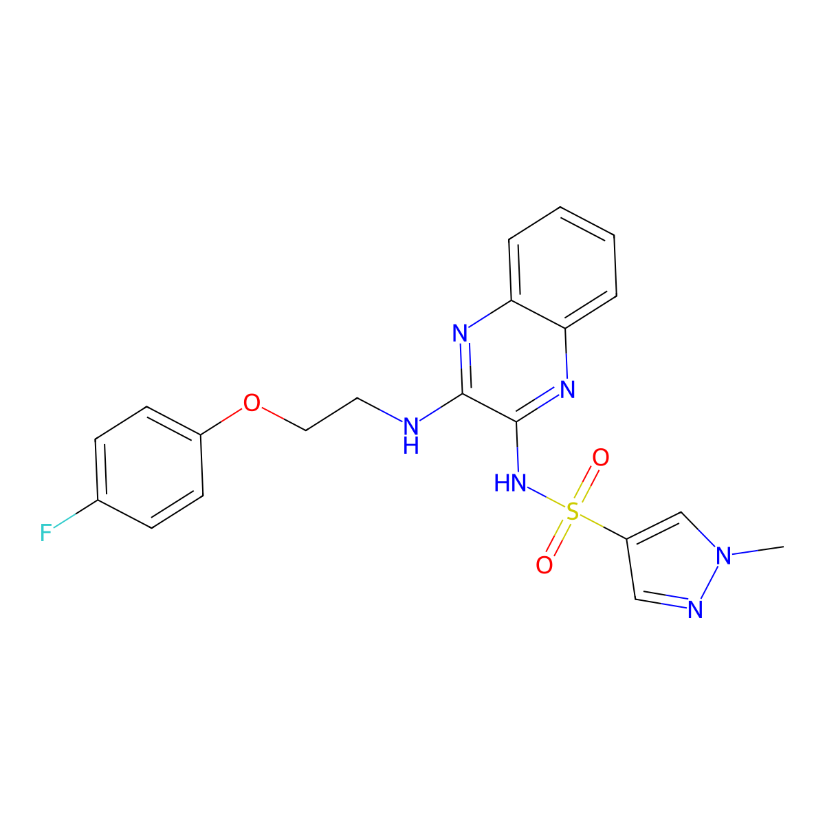 N-(3-((2-(4-fluorophenoxy)ethyl)amino)quinoxalin-2-yl)-1-methyl-1H-pyrazole-4-sulfonamide molecular structure, CAS 1798639-85-6
