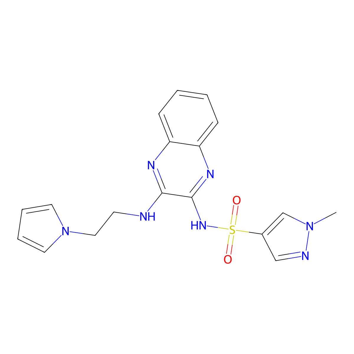 N-(3-((2-(1H-pyrrol-1-yl)ethyl)amino)quinoxalin-2-yl)-1-methyl-1H-pyrazole-4-sulfonamide molecular structure, CAS 1798640-08-0