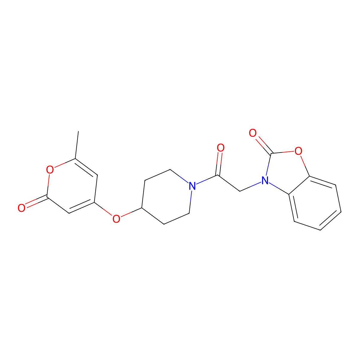 3-(2-(4-((6-methyl-2-oxo-2H-pyran-4-yl)oxy)piperidin-1-yl)-2-oxoethyl)benzo[d]oxazol-2(3H)-one molecular structure, CAS 1798640-09-1