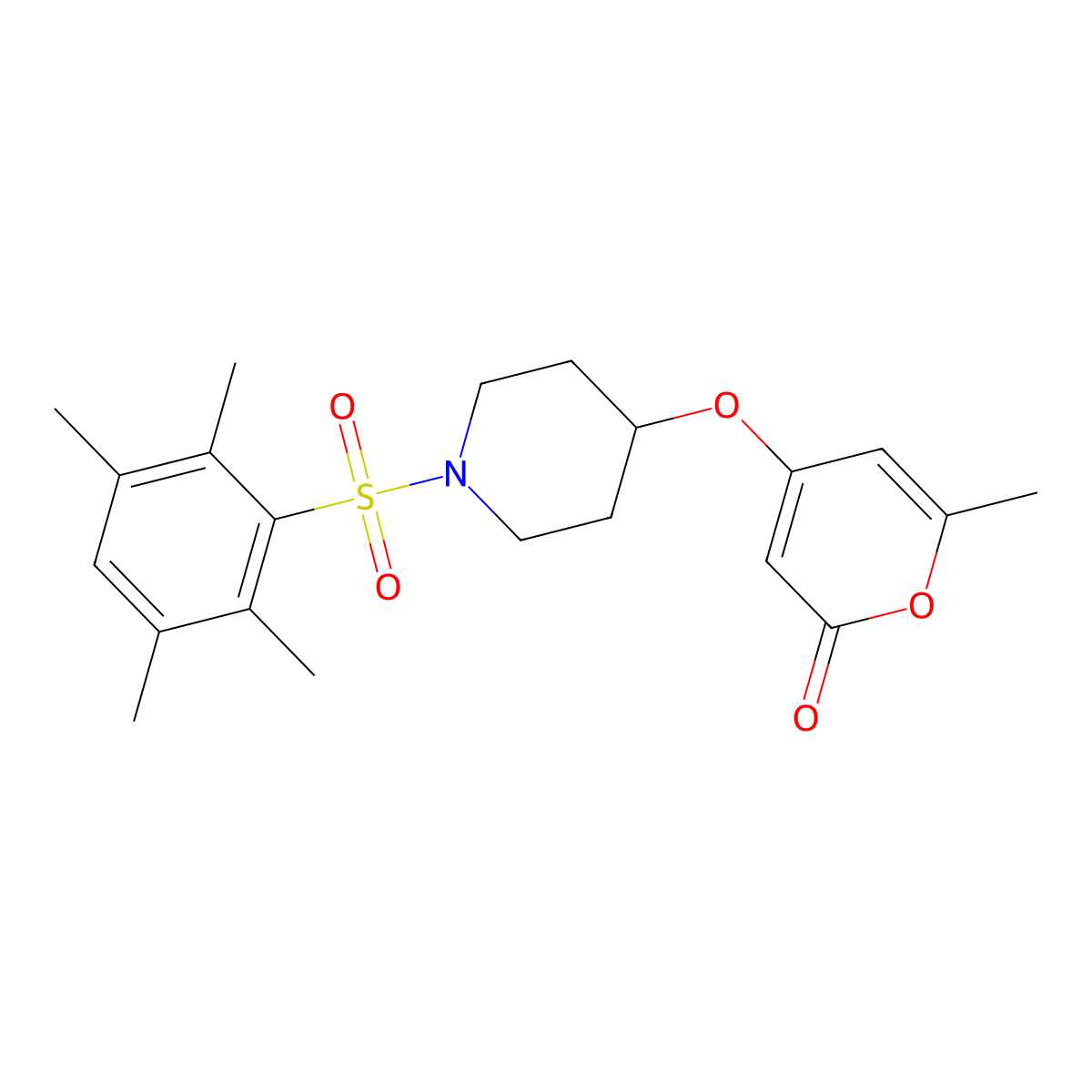 6-methyl-4-((1-((2,3,5,6-tetramethylphenyl)sulfonyl)piperidin-4-yl)oxy)-2H-pyran-2-one molecular structure, CAS 1798640-42-2