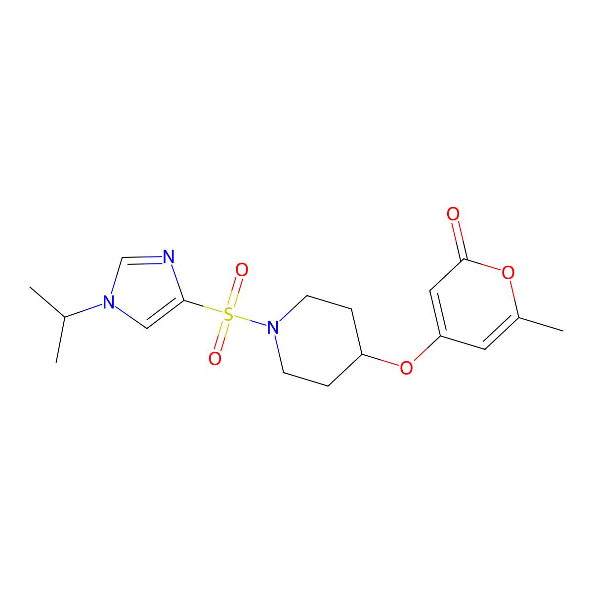 4-((1-((1-isopropyl-1H-imidazol-4-yl)sulfonyl)piperidin-4-yl)oxy)-6-methyl-2H-pyran-2-one molecular structure, CAS 1798640-47-7