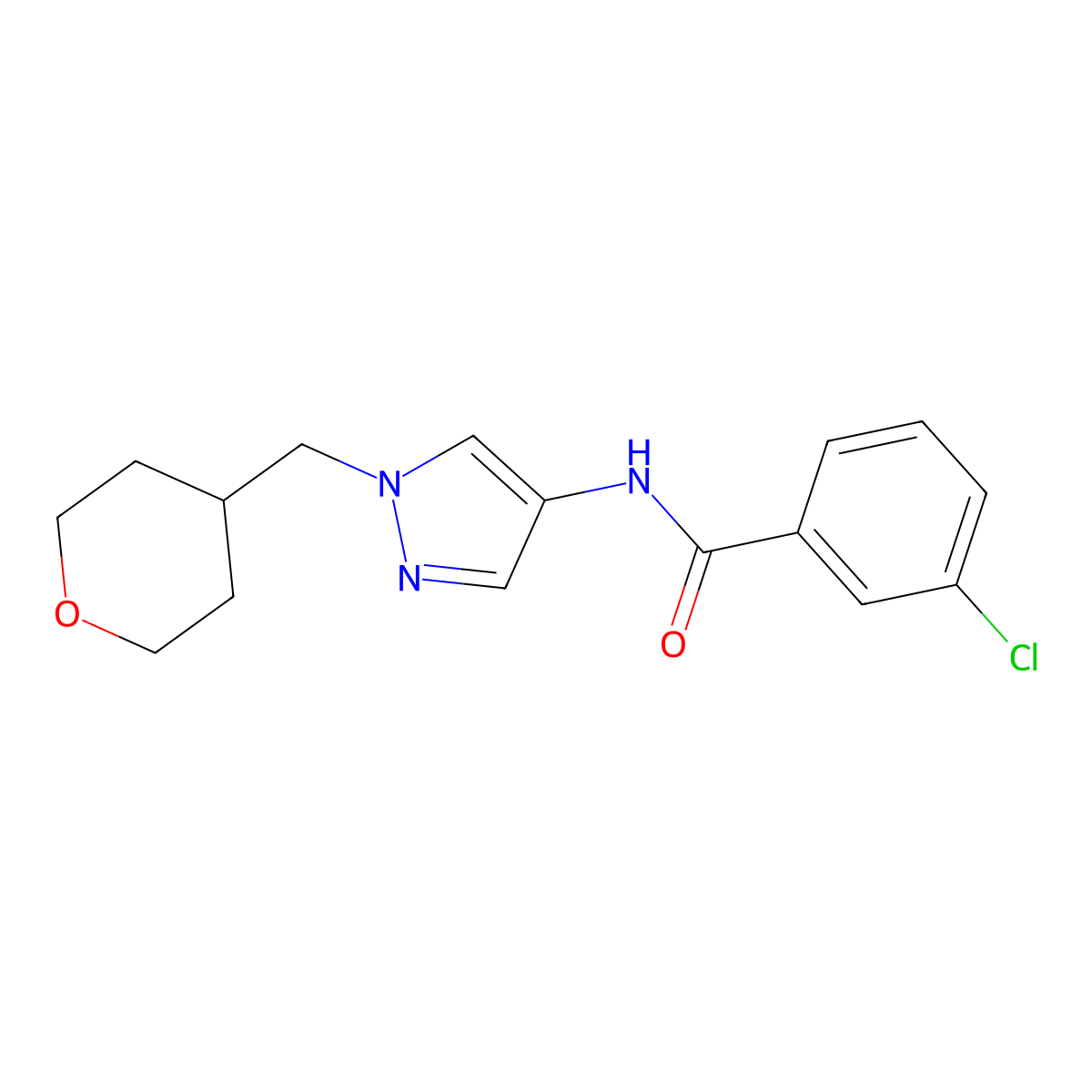 3-chloro-N-(1-((tetrahydro-2H-pyran-4-yl)methyl)-1H-pyrazol-4-yl)benzamide molecular structure, CAS 1798659-28-5