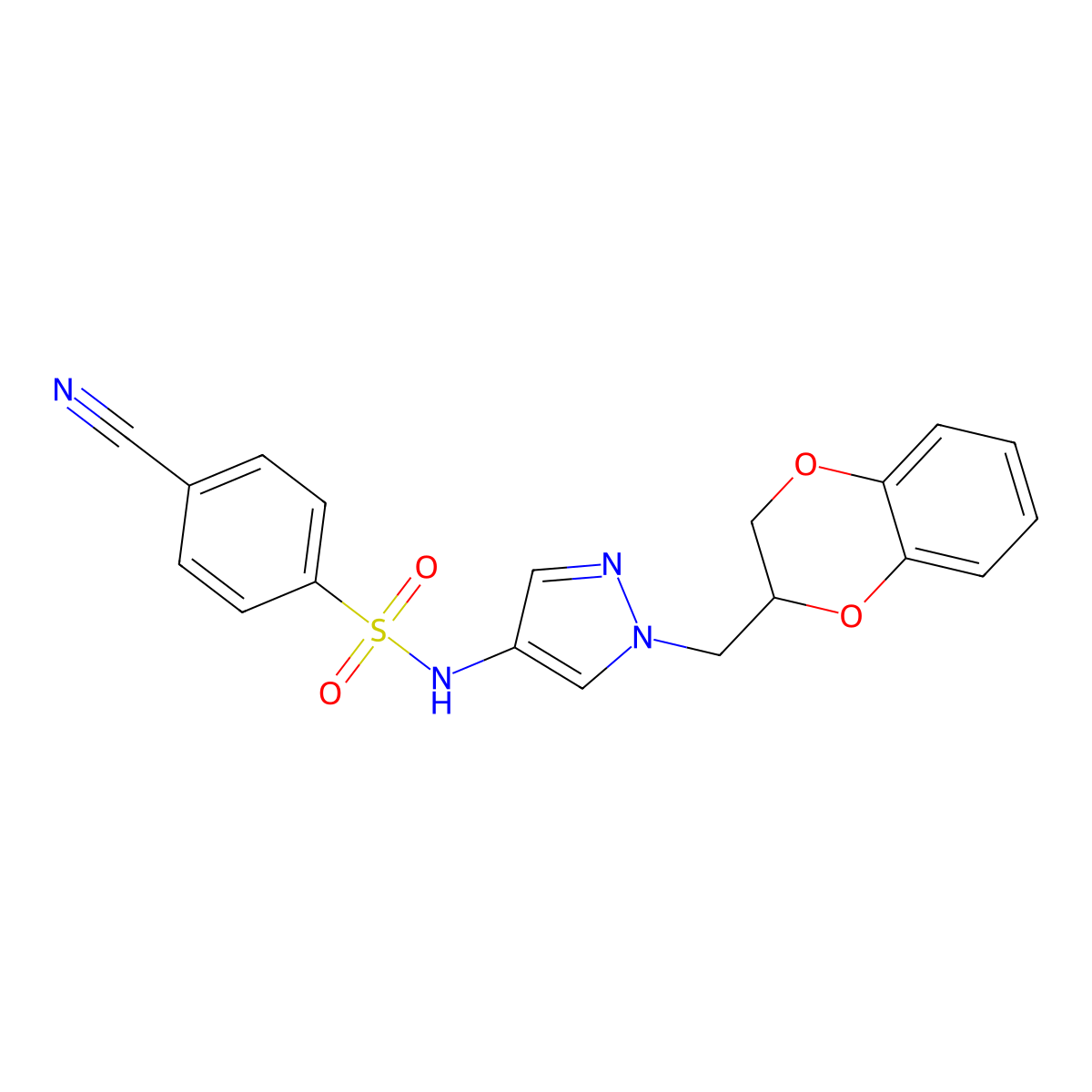 4-cyano-N-(1-((2,3-dihydrobenzo[b][1,4]dioxin-2-yl)methyl)-1H-pyrazol-4-yl)benzenesulfonamide molecular structure, CAS 1798659-34-3