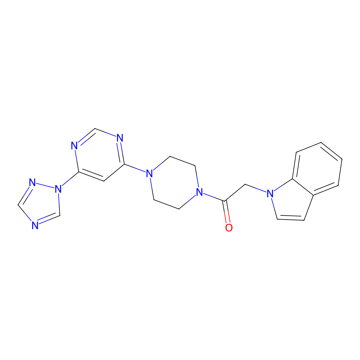 1-(4-(6-(1H-1,2,4-triazol-1-yl)pyrimidin-4-yl)piperazin-1-yl)-2-(1H-indol-1-yl)ethanone molecular structure, CAS 1798660-91-9