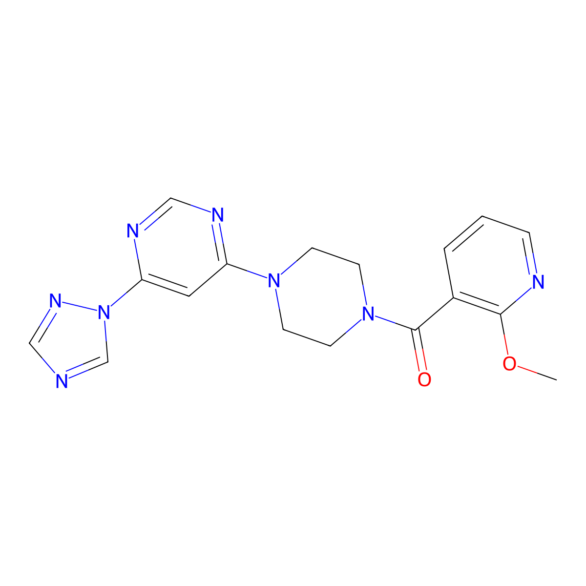 (4-(6-(1H-1,2,4-triazol-1-yl)pyrimidin-4-yl)piperazin-1-yl)(2-methoxypyridin-3-yl)methanone molecular structure, CAS 1798661-01-4