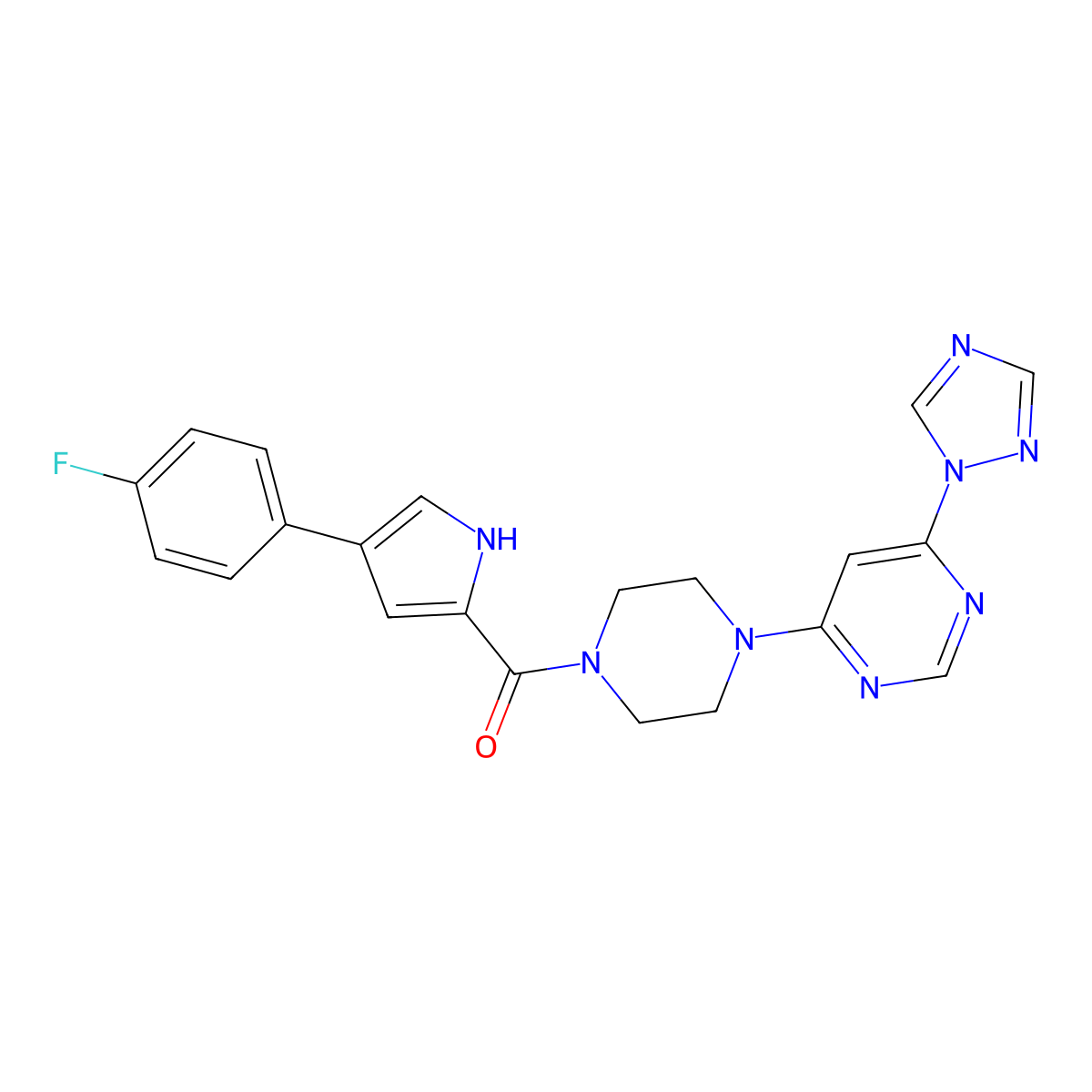 (4-(6-(1H-1,2,4-triazol-1-yl)pyrimidin-4-yl)piperazin-1-yl)(4-(4-fluorophenyl)-1H-pyrrol-2-yl)methanone molecular structure, CAS 1798661-15-0