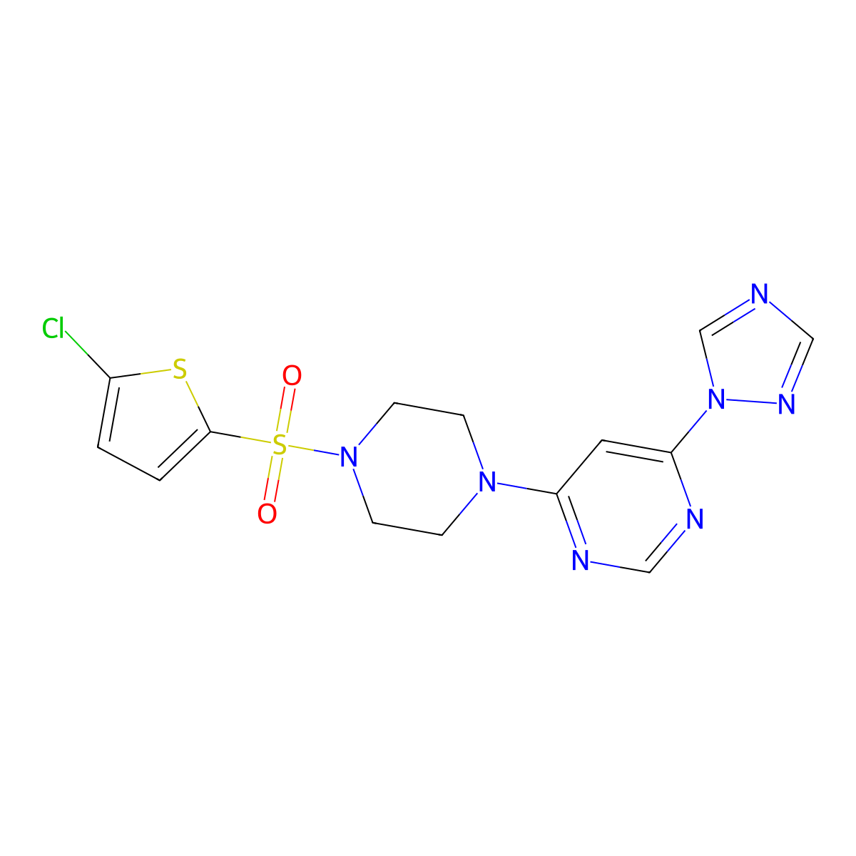 4-(4-((5-chlorothiophen-2-yl)sulfonyl)piperazin-1-yl)-6-(1H-1,2,4-triazol-1-yl)pyrimidine molecular structure, CAS 1798661-43-4