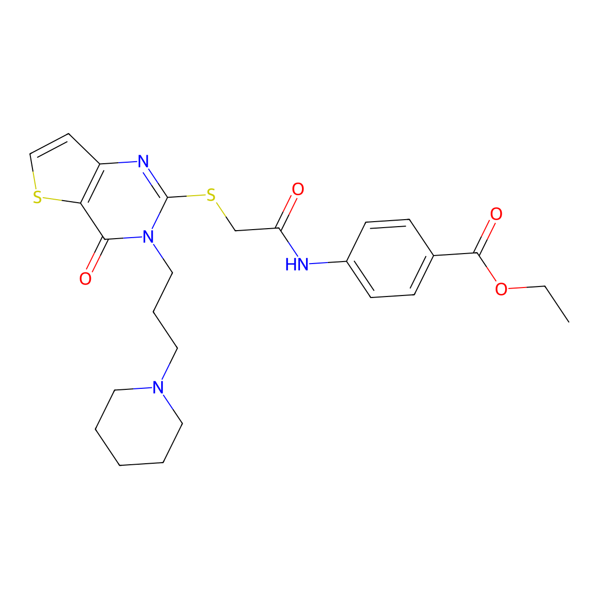 Ethyl 4-(2-((4-oxo-3-(3-(piperidin-1-yl)propyl)-3,4-dihydrothieno[3,2-d]pyrimidin-2-yl)thio)acetamido)benzoate molecular structure, CAS 1798672-03-3