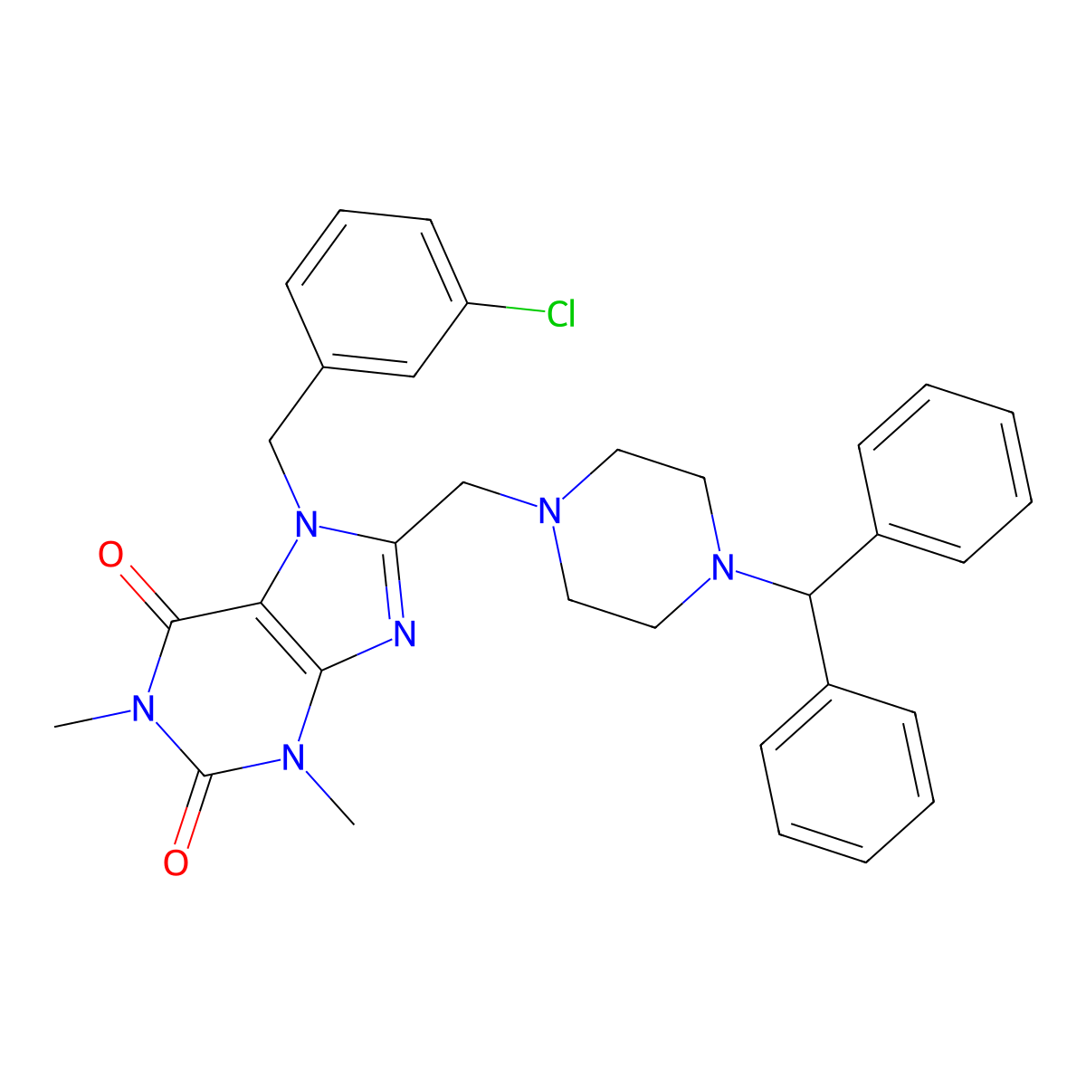 7-[(3-chlorophenyl)methyl]-8-{[4-(diphenylmethyl)piperazin-1-yl]methyl}-1,3-dimethyl-2,3,6,7-tetrahydro-1H-purine-2,6-dione molecular structure, CAS 1798672-32-8