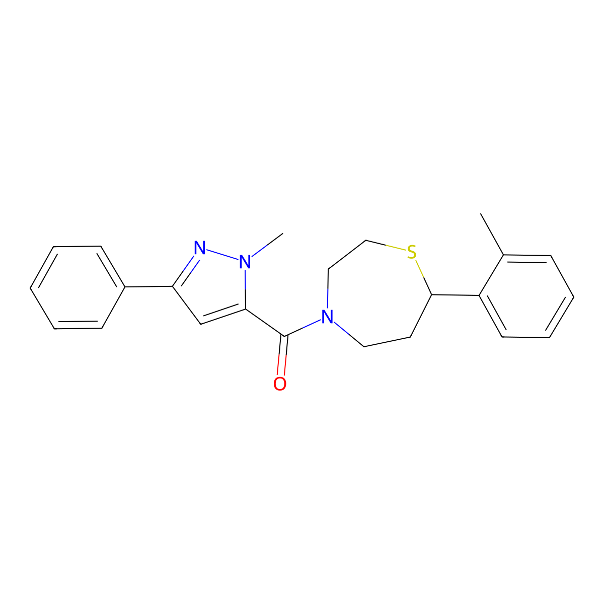 (1-methyl-3-phenyl-1H-pyrazol-5-yl)(7-(o-tolyl)-1,4-thiazepan-4-yl)methanone molecular structure, CAS 1798672-40-8