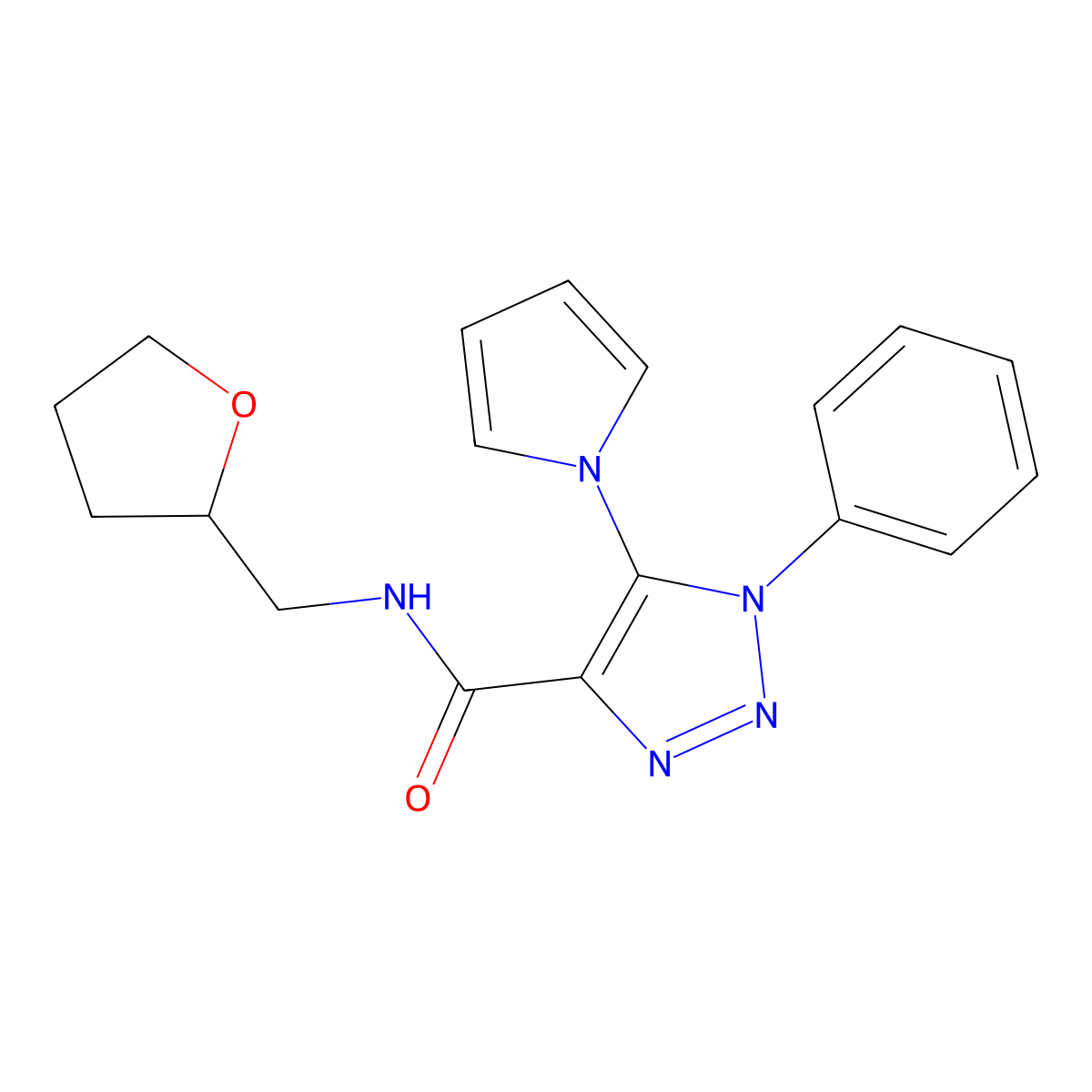 1-phenyl-5-(1H-pyrrol-1-yl)-N-((tetrahydrofuran-2-yl)methyl)-1H-1,2,3-triazole-4-carboxamide molecular structure, CAS 1798672-91-9