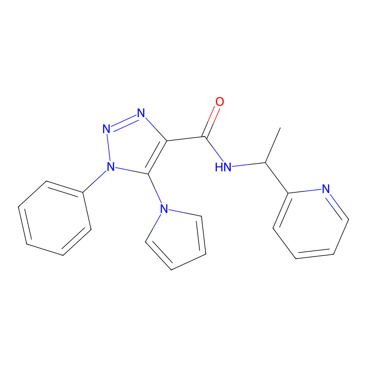1-phenyl-N-(1-pyridin-2-ylethyl)-5-(1H-pyrrol-1-yl)-1H-1,2,3-triazole-4-carboxamide molecular structure, CAS 1798673-02-5