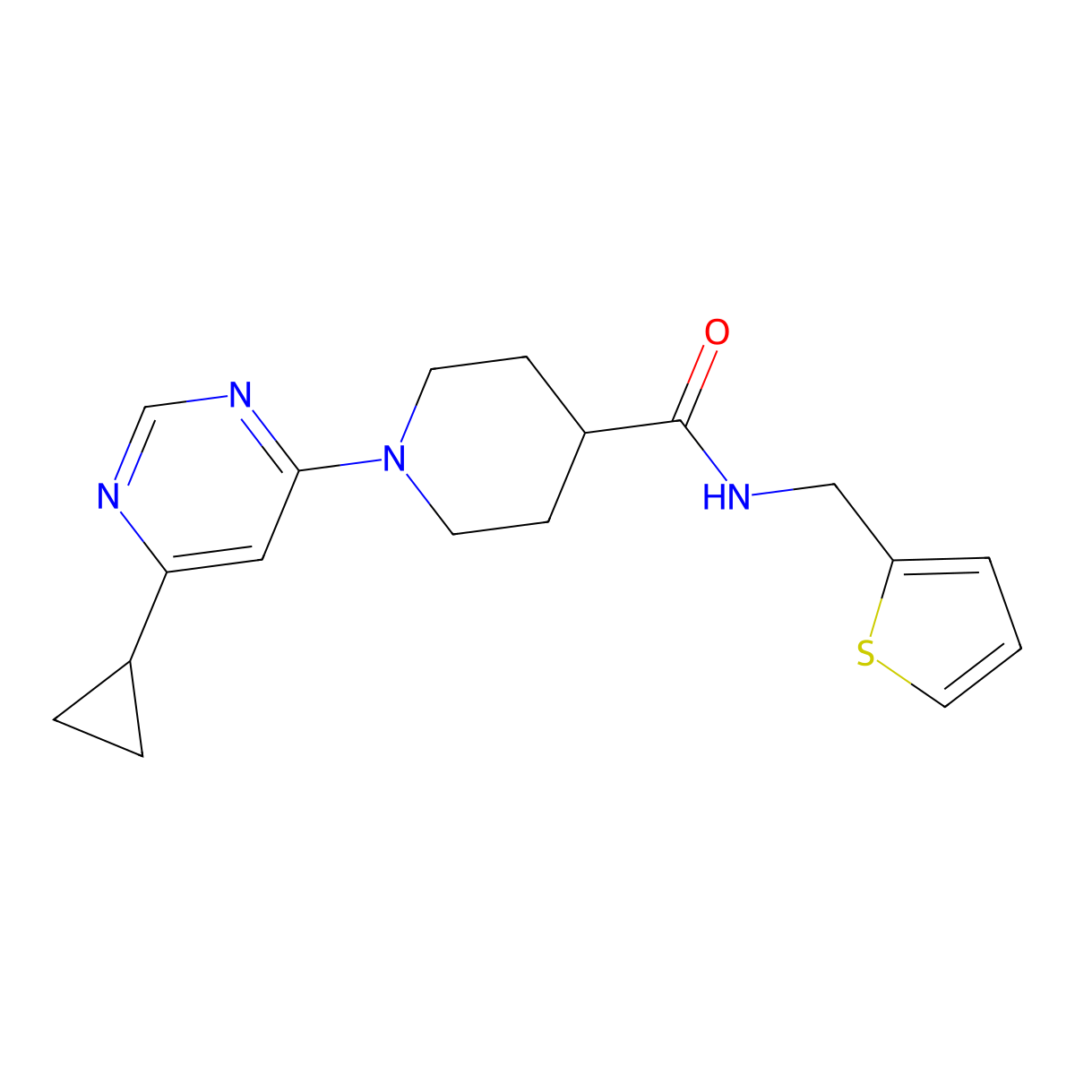 1-(6-cyclopropylpyrimidin-4-yl)-N-(thiophen-2-ylmethyl)piperidine-4-carboxamide molecular structure, CAS 1798673-25-2