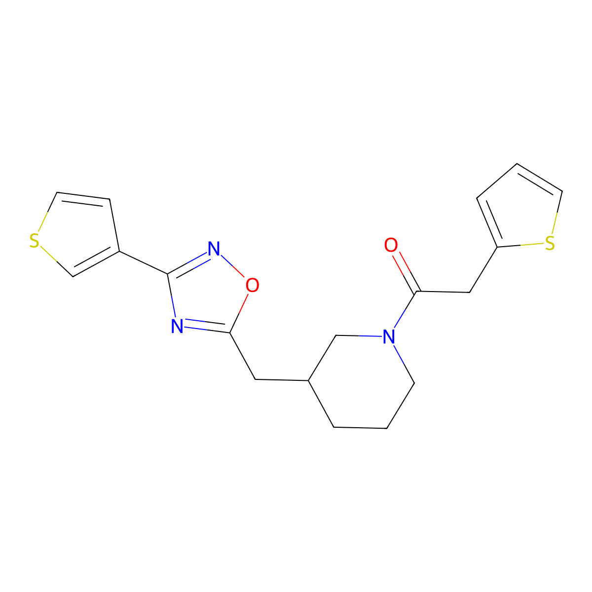 2-(Thiophen-2-yl)-1-(3-((3-(thiophen-3-yl)-1,2,4-oxadiazol-5-yl)methyl)piperidin-1-yl)ethanone molecular structure, CAS 1798673-26-3