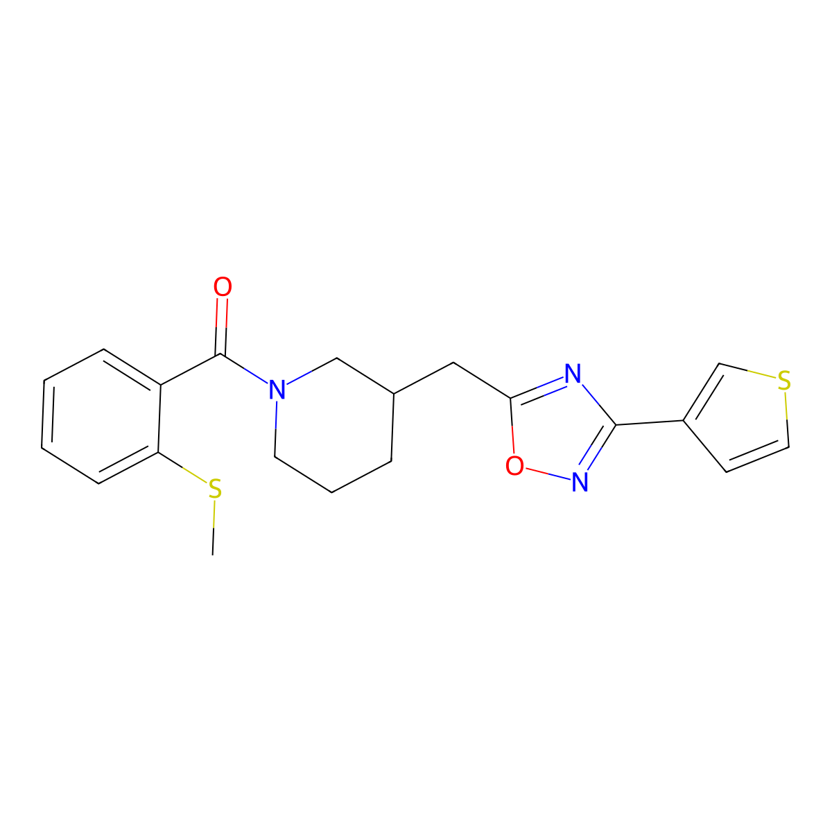 (2-(Methylthio)phenyl)(3-((3-(thiophen-3-yl)-1,2,4-oxadiazol-5-yl)methyl)piperidin-1-yl)methanone molecular structure, CAS 1798673-42-3