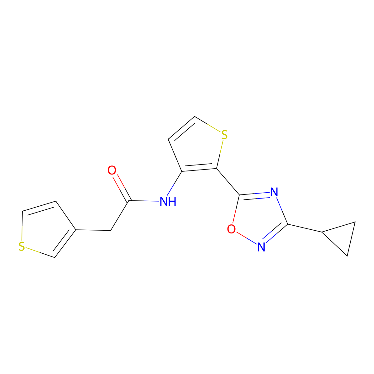 N-(2-(3-cyclopropyl-1,2,4-oxadiazol-5-yl)thiophen-3-yl)-2-(thiophen-3-yl)acetamide molecular structure, CAS 1798673-84-3
