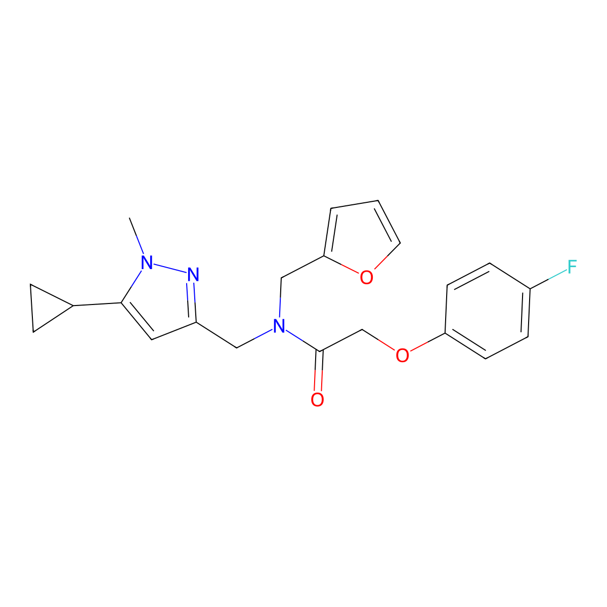 N-((5-cyclopropyl-1-methyl-1H-pyrazol-3-yl)methyl)-2-(4-fluorophenoxy)-N-(furan-2-ylmethyl)acetamide molecular structure, CAS 1798673-85-4
